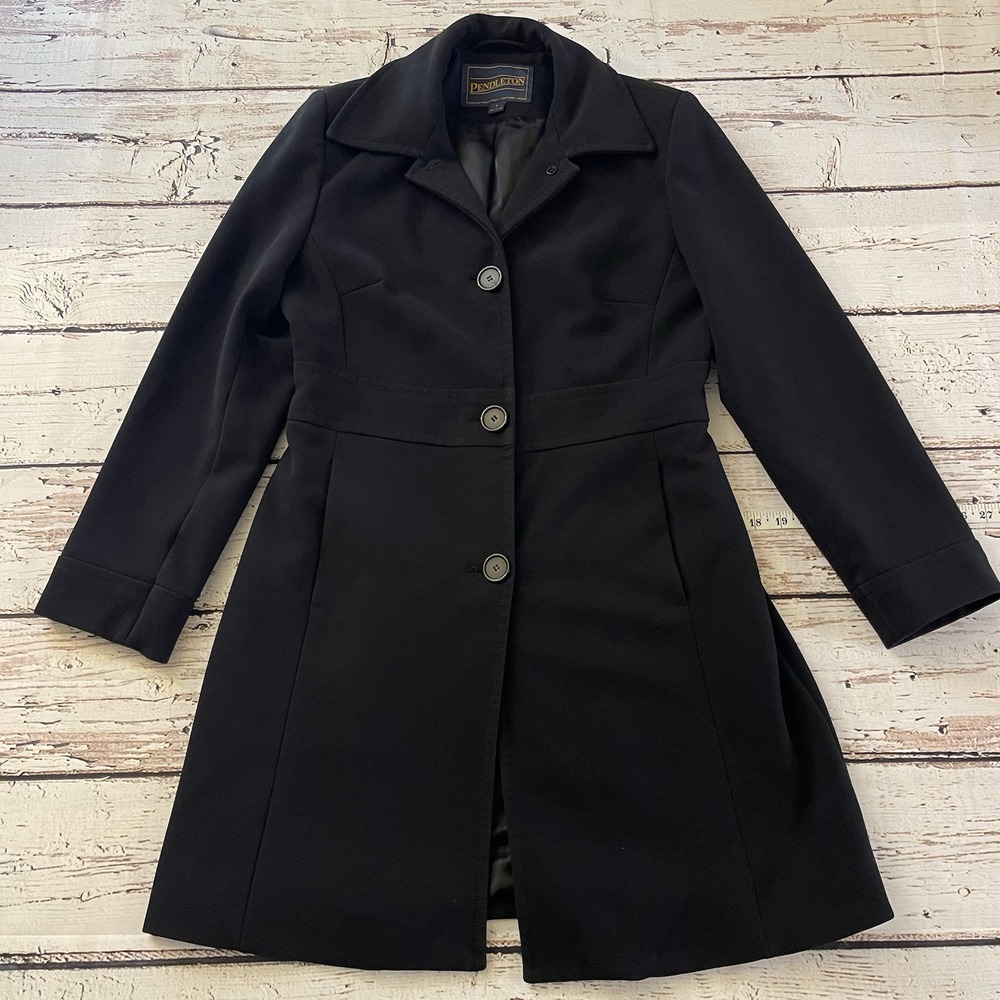 Pendleton Long Trench Coat Black Womens Size Medium Length 37"‎ Winter Cozy